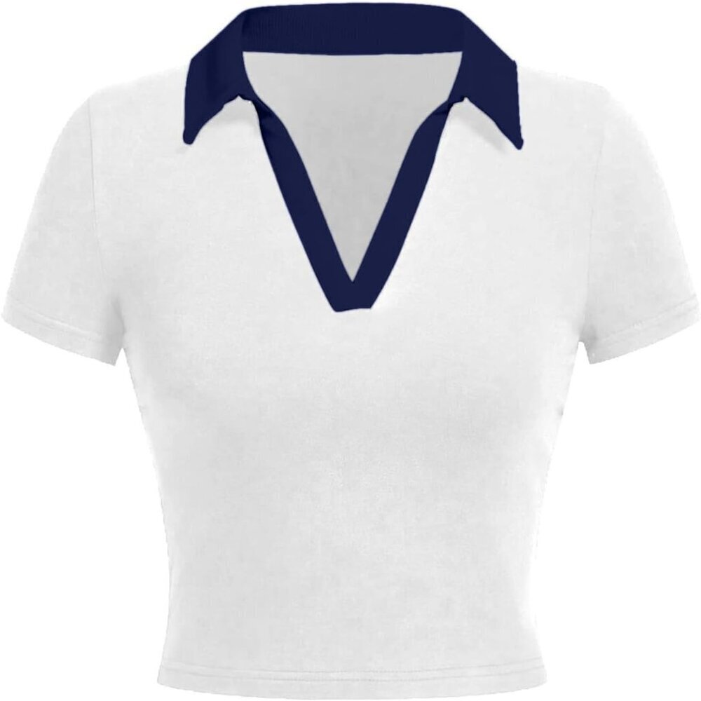 Women Polo Shirt V Neck Crop Top Short Sleeve Casual Stretchy Fabric